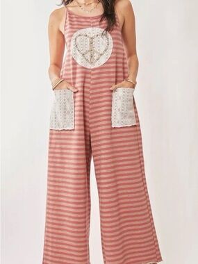 DAVI & DANI Rose-Stripe Wide-Leg Jumpsuit with Lace Pockets